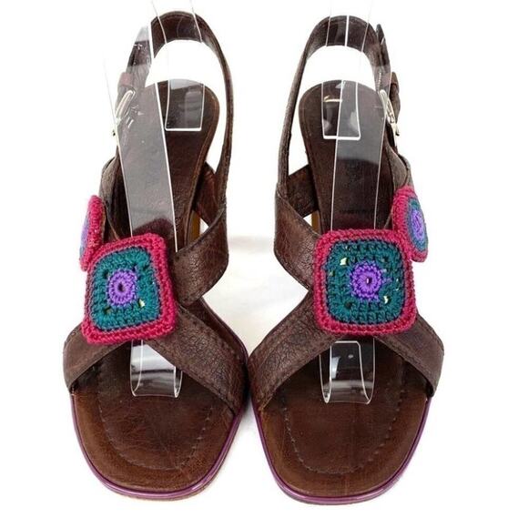 VINTAGE PRADA CROCHET DETAIL BROWN LEATHER CHUNKY HEEL SANDAL SZ 5.5 or 35.5 - Picture 5 of 14